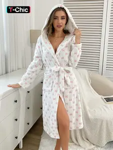 Women's full body butterfly knot nightgown, soft and comfortable, with small pockets on both sides. Same style waist belt, plush hood, thick robe, Long Sleeve. Autumn and winter styles, plush warm home clothes, outdoor casual pajamas