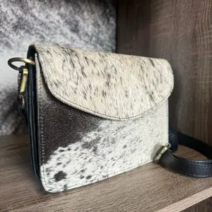 Genuine Cowhide Simple Crossbody Clutch Purse with Unique Cowhide Pattern and Adjustable Strap