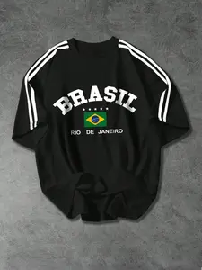 1 Piece Unisex Brazil Graphic Tee, Vintage Travel Style Featuring BRASIL Logo and Color Block Sleeves, Cool Top for Travel Enthusiasts, Street Fashion, Streetwear and Summer Vacation Outfits, Fitted, Long