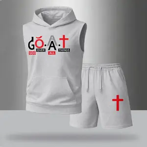 Men’s Sleeveless Hoodie & Shorts Set – G.O.A.T Graphic Print, Cross & Faith Design, Casual Streetwear Summer Tracksuit, Urban Style Outfit, Daily Wear, Gym Ready, Lightweight Comfort Fit Shorts