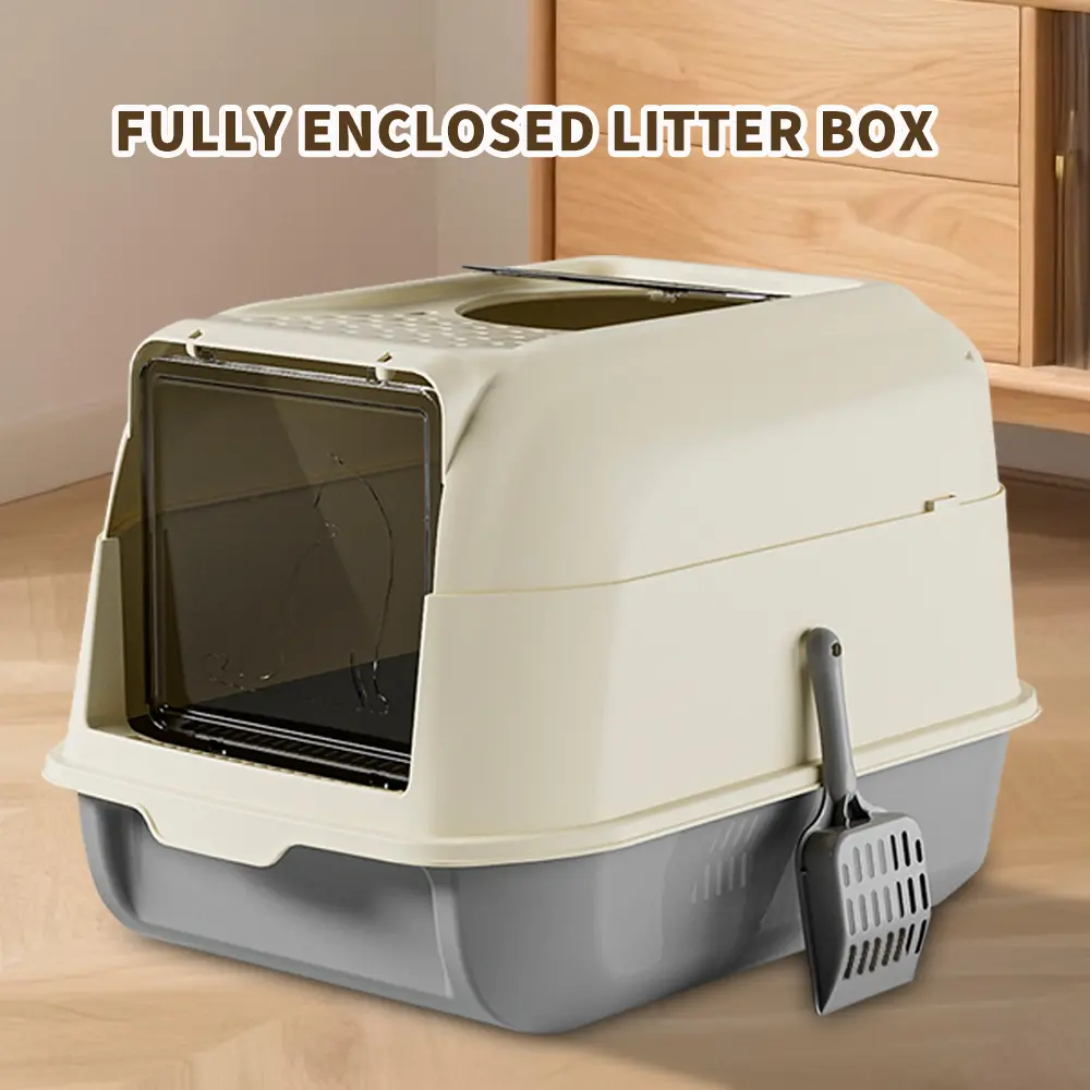 Large double-door litter box with a front flip-top, fully enclosed design for easy portability and privacy; a hidden litter box.