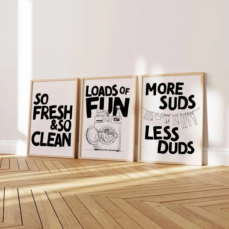 Laundry Wall Art Set of 3 |  Laundryroom Artwork Bundle | Loads of Fun Print | Preppy Bathroom Toilet Home Décor