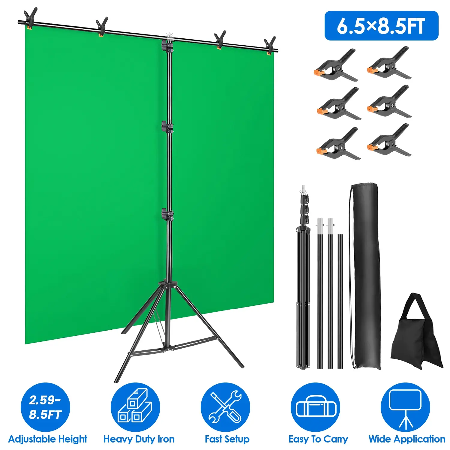Sturdy Iron-Metal Heavy Duty Adjustable T-Shape Background Stand Kit (6.5x8.5FT), 2.59-8.5FT Tripod Stand for Photo Video, Camera Accessories with 6 Spring Clips, 3kg/6.61 lbs Sandbag, Carry Bag, Fast Setup & Portable for Photographers
