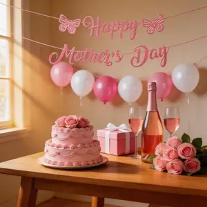 Mother's Day Pink Glitter Paper Banner Garland Party Scene Decoration Supplies for Festive Celebrations