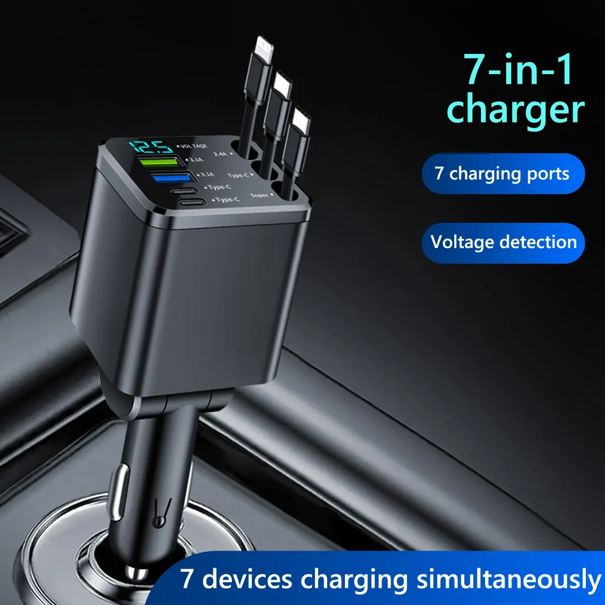 7-IN-1 Retractable Car Charger 7 Charging Ports, USB C Cable For IPhone Huawei Samsung With 3 Type C Retractable Cable,Car Plug Adapter Type C USB Phone Charger, Usb C Car Charger Fast Charging, Multiport Charger