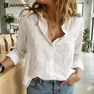 DC DUMPECCI Women's Button Down Linen Shirt Solid Color V-Neck Top with Roll-Up Sleeves in a Casual Loose Fit for Spring Summer Outings Womenswear, Blouse, Basic, Minimalist