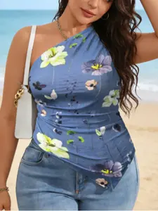 Elegant Asymmetrical One-Shoulder Sleeveless Top, Watercolor Floral Print, Ruched Waist Design, Irregular Hemline, Slimming Fit Daily Wear