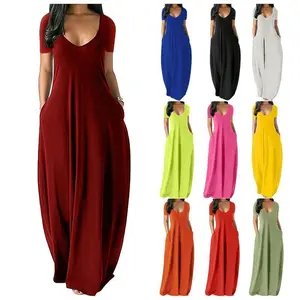 2025  New Women's Solid Color Short Sleeve Long Dress with Pockets  dresses 2025 women summer Womenswear Elegance Casual Cotton