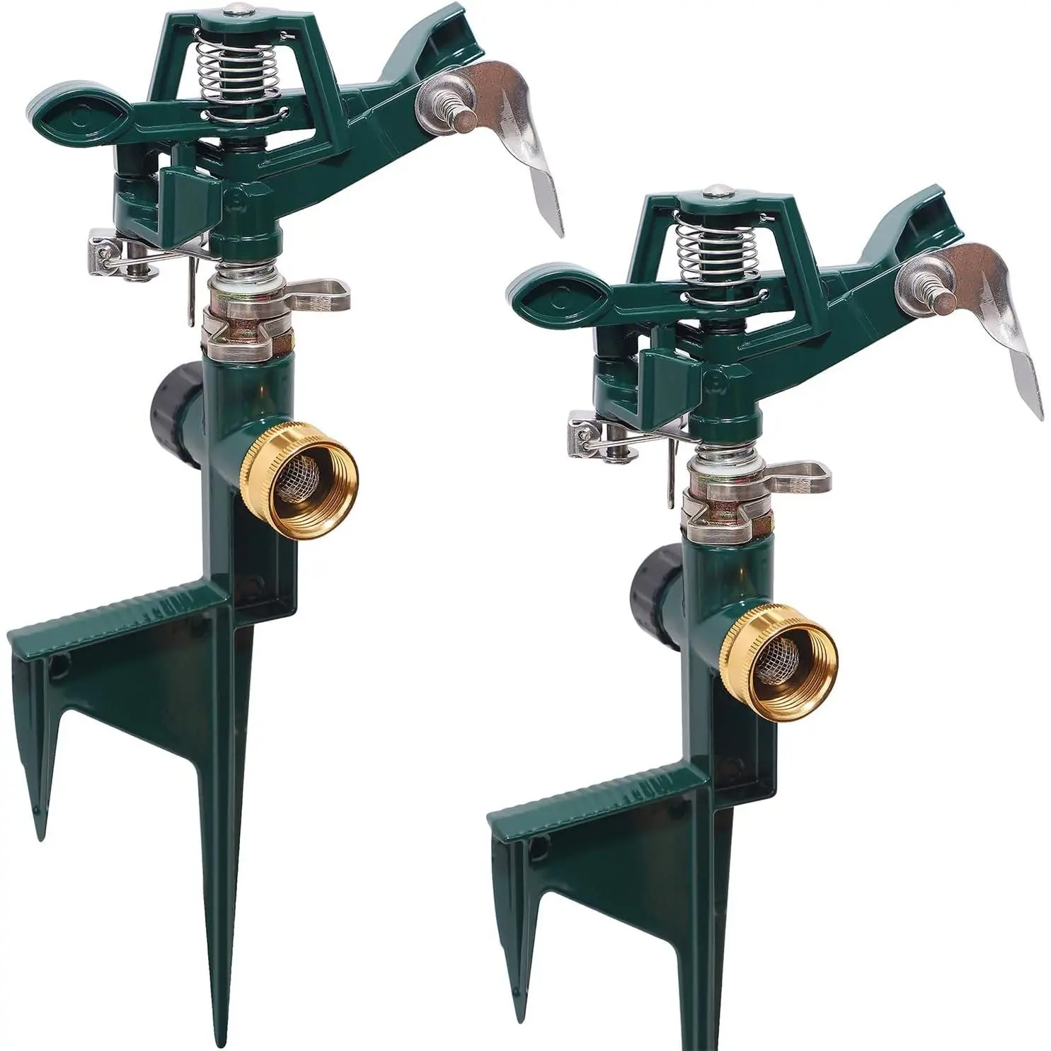 2-Pack Heavy Duty Zinc Alloy Garden Sprinklers with Sturdy Metal Spike Base, Adjustable Arc Swivel Nozzle, Hose Attachment, 20-60psi 360° Spin Watering Equipment for Flower Beds, Agriculture, Irrigates Large Areas (Green)