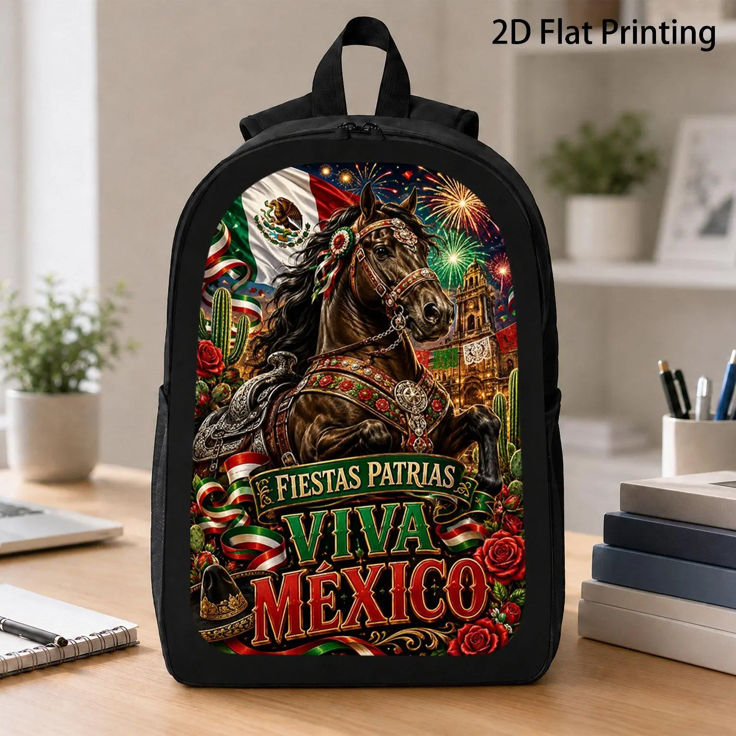 17 Inch Backpack Single Piece Fiestas Patrias Viva Mexico Dark Horse National Flag Cactus Rose Pattern Mexican National Holiday Travel Laptop Backpack for Adults Stylish Durable Daypack