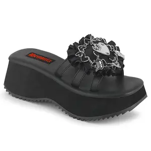 Demonia Women's Flip-16 Black Vegan Leather Sandal with Heart Detail