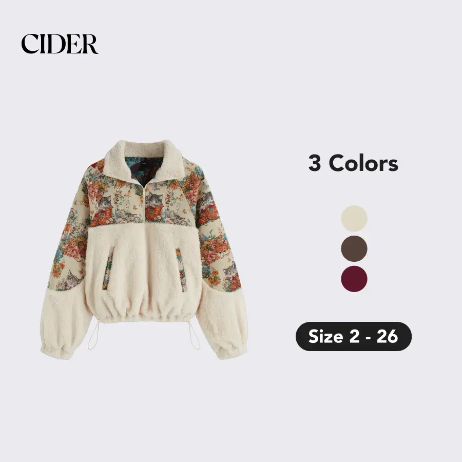 Cider [Restock12/16, 3 colors, size 2-26] Fleece Collar Floral Cat Knotted Sweatshirt With Adjustable Drawstrings, Christmas Gift Guide, Womenswear Gr