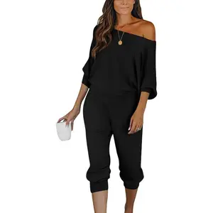 Comfy Casual Two-Piece Set.Women's 2 Piece Ribbed Tracksuit Outfits Off Shoulder Long Sleeve Pullover Lounge Pants with Pockets 2025.