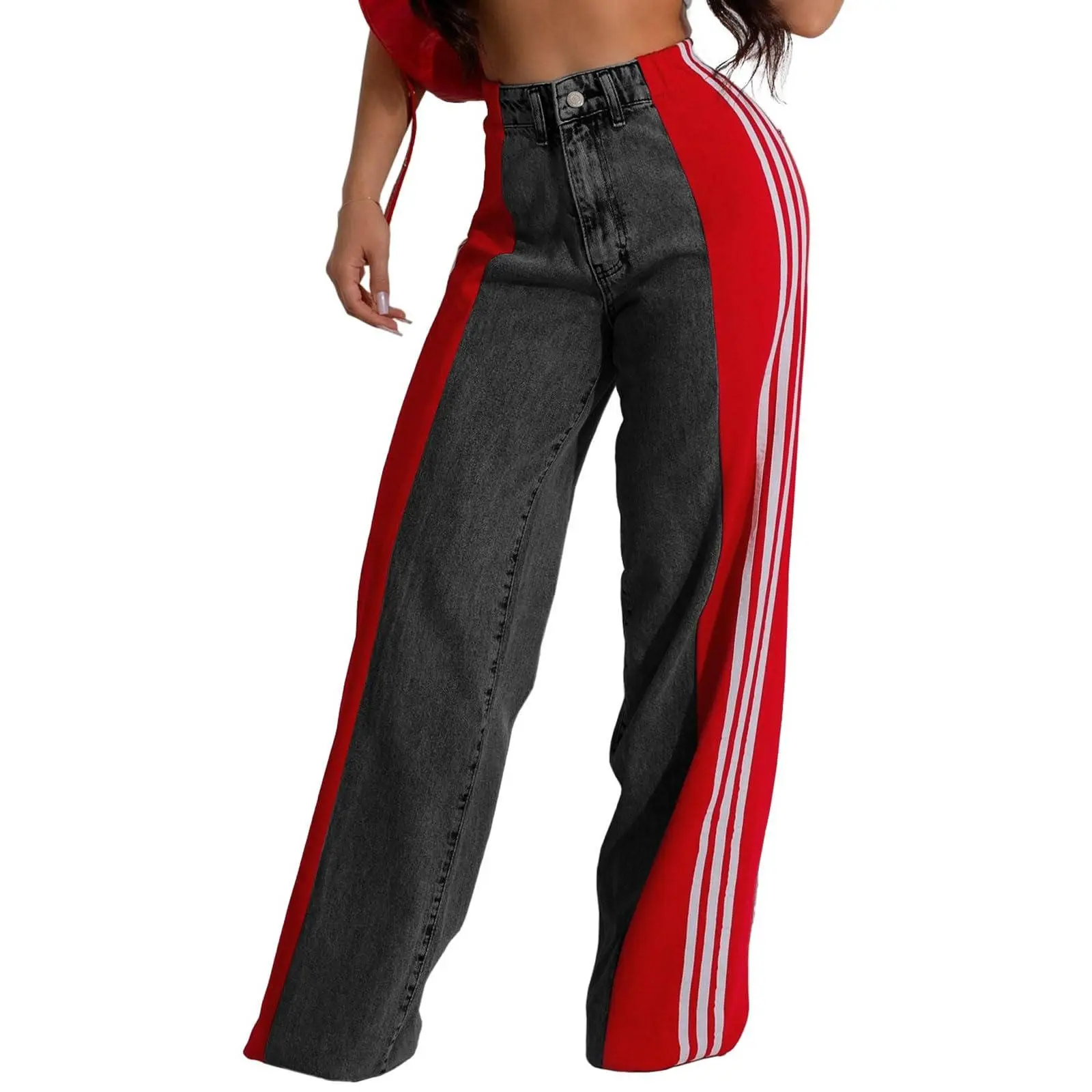 Women's High-Waisted Stretchy Denim Streetwear Bottoms - Lady's Patchwork Stripes, Color Block Straight Wide Leg Jeans, Pants, Baggy Stripe Jeans, Patchwork Design Jeans