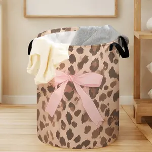 Leopard Print Laundry Basket with Bow Pattern and Handle, Durable Foldable Large Capacity Hamper for Home and Toys Storage, Laundry Basket Organizer