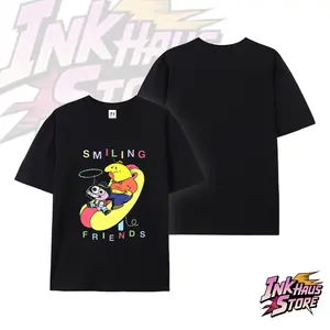 Charlie (the big yellow guy) and Pim (the small pink guy) from Smiling Friends -- Short-sleeved cotton unisex casual T-shirt