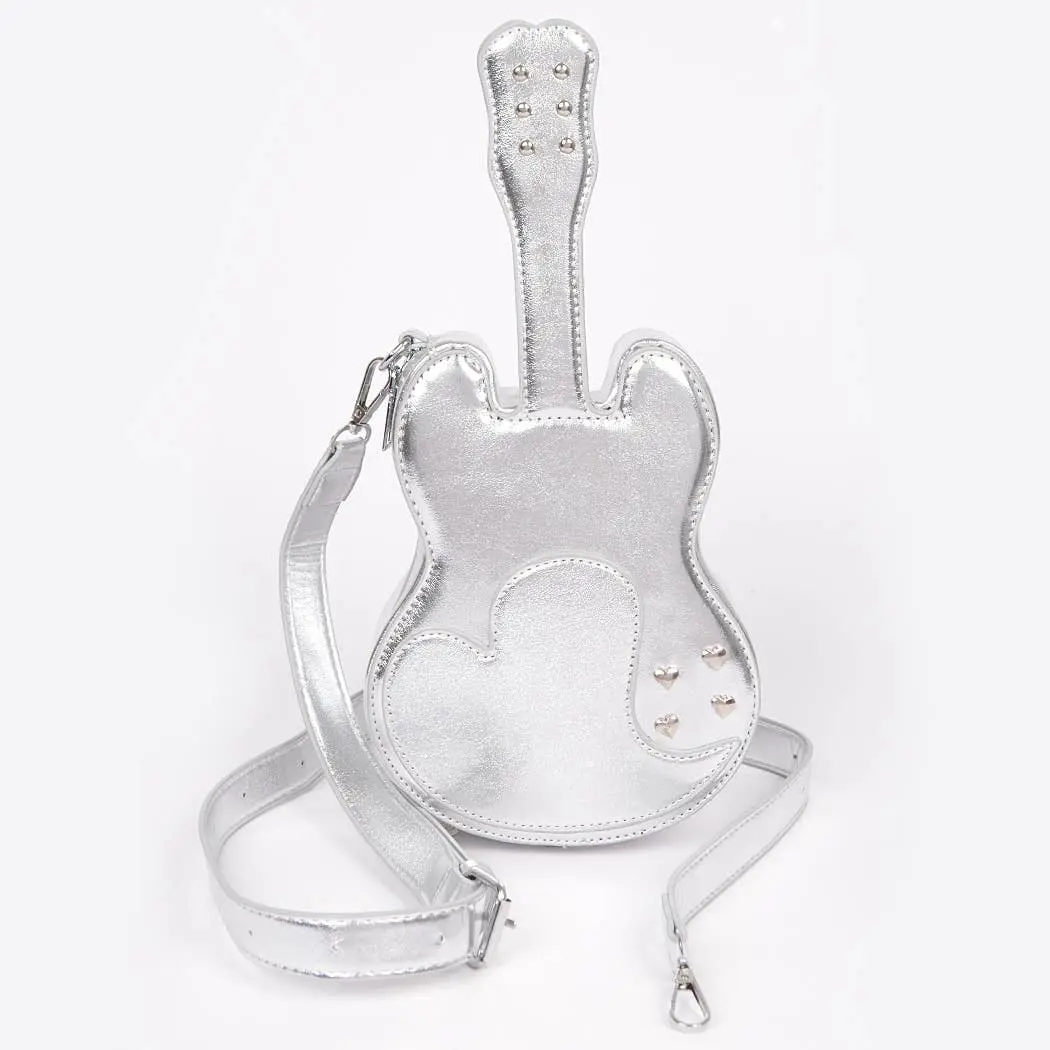 Metallic Faux Leather Guitar Novelty Bag: Silver