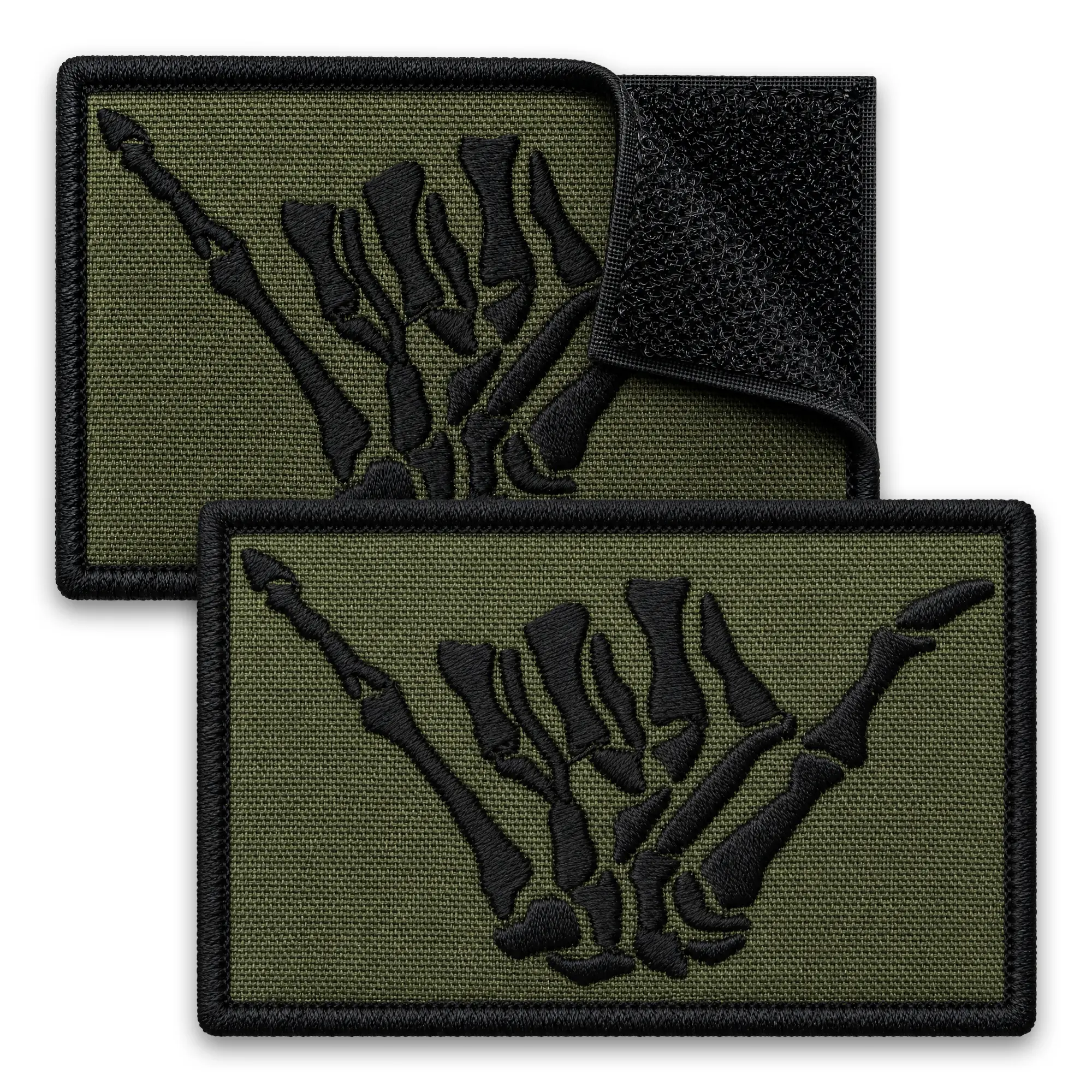 Shaka Hand Patch Set – 2Pcs Olive Green Embroidered Skeleton Tactical Patches (2x3 Inches)