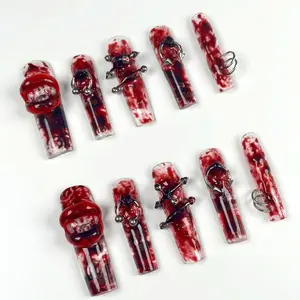 Bloody Kiss Handmade Press-On Nails | Gothic Halloween Nail Set with Metal Piercing Design, Spooky 3D Art, Reusable Salon Look