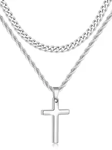 Cross Necklace for Men, Layered Mens Cross Necklaces Stainless Steel Cross Pendant Cuban Link Rope Chain