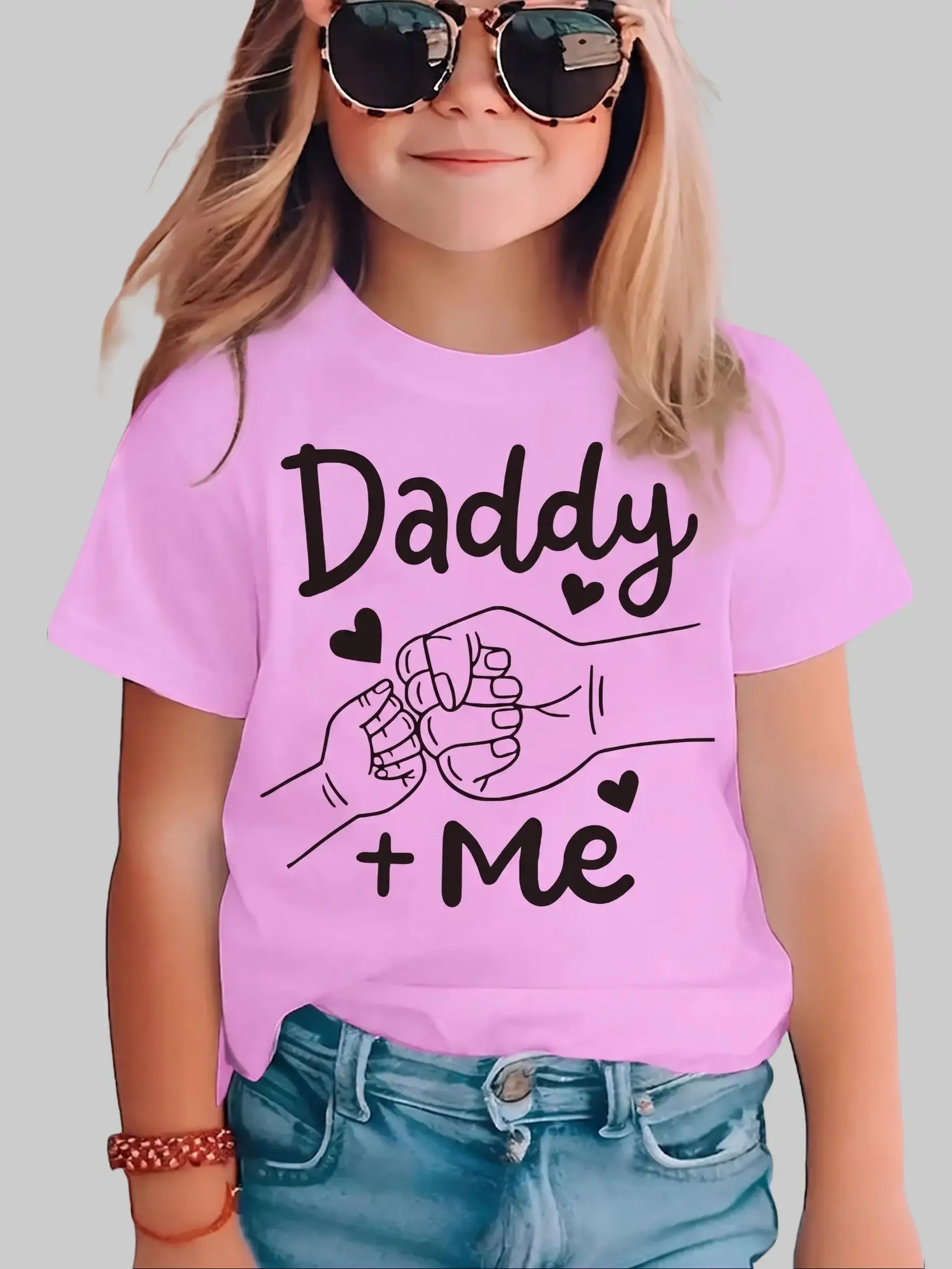 Girls' Summer Fashion Short-Sleeve T-Shirt, Cute Casual Top with "Daddy + Me" Letters Print for Kids Cute Cartoon Clothes