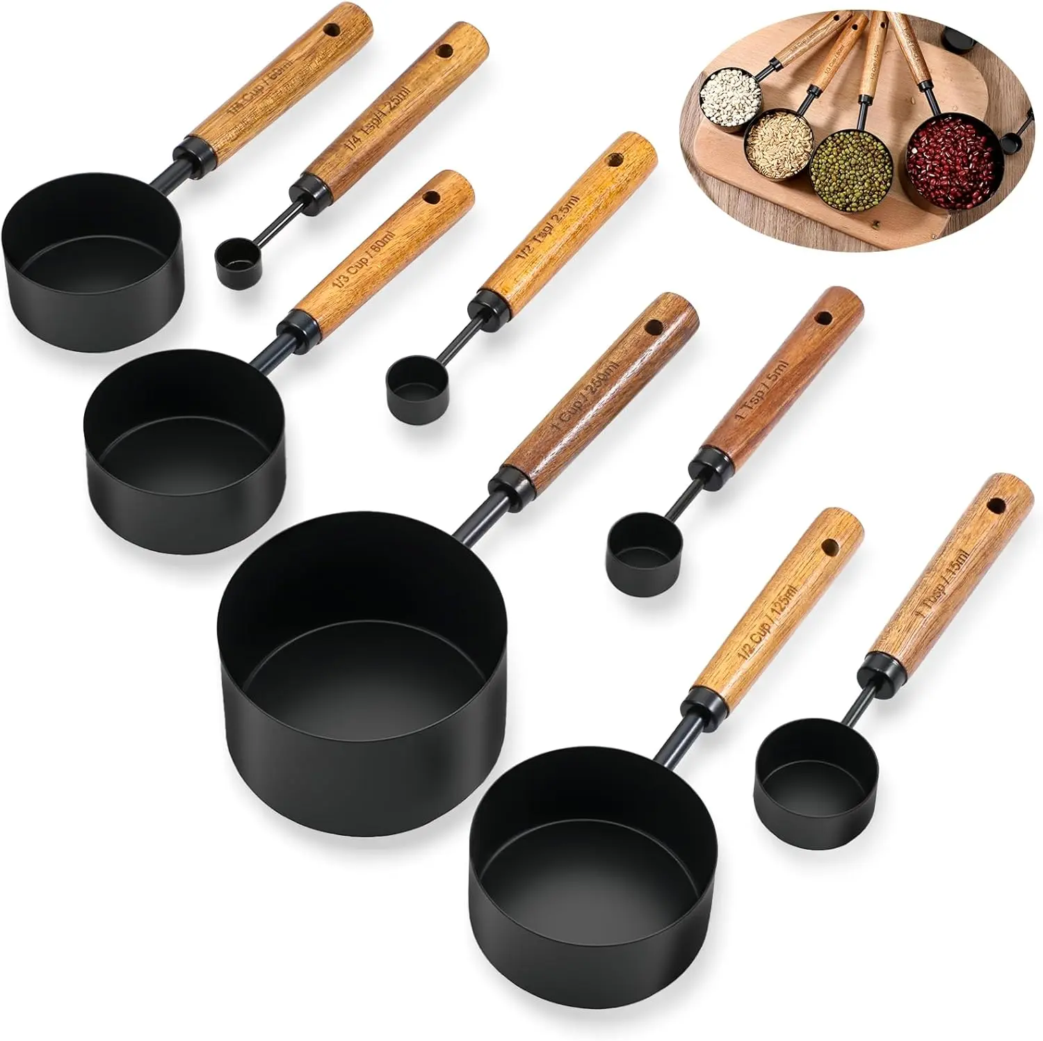 Black 8-Piece Stainless Steel Measuring Cup & Spoon Set - Wooden Handles, Non-Fading, Food-Safe Durable Kitchenware, Non-Toxic, Precise Measurement for Baking & Cooking, Includes Measuring Glass