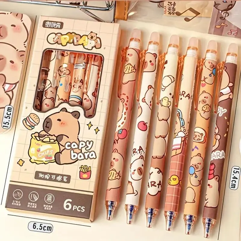 Cartoon Bear Design Erasable Gel Pen (6 Counts/set), Cute Blue Ink Smooth Writing Pen with Box Gift Pen, Aesthetic Pens Animal Design Pens, Stationery Writing Tools, Writing Stationery for School & Office & Home