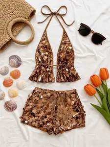 Women's Halter Neck Backless Top & Slim Fit Shorts Set Knit Stylish spring and summer essential, perfect for work, daily casual, vacation, parties, dates, cocktail events, banquets, concerts and various occasions.