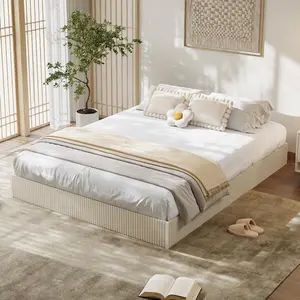 Queen Size Bed Frame, Wood Platform Bed, Fluted Bed Frame, Minimalist Bed Base with Low Profile Design, Noise-Free, Easy Assembly, No Box Spring Needed, Cream White