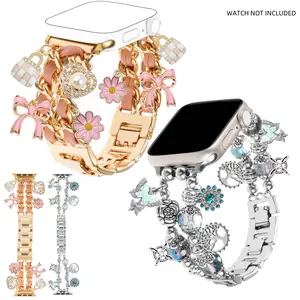 Fashion Apple Watch Band Set, Compatible with Iwatch Series 1-10 & Ultra, Silver Color Flower Pendant Design, Women's Accessory, 2 Pack, Watch Straps, Smartwatch Strap