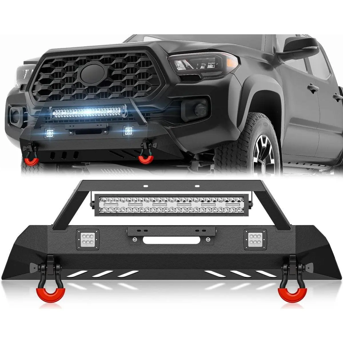 【Yzona】Custom Fit Automotive Aftermarket Front Bumper - Car Exterior Component, Car & Auto Parts Accessories with 18W LED Spotlights, LED Light Bar, License Plate Bracket for 2016-2023 3rd Gen Toyota Tacoma, Car Accessories