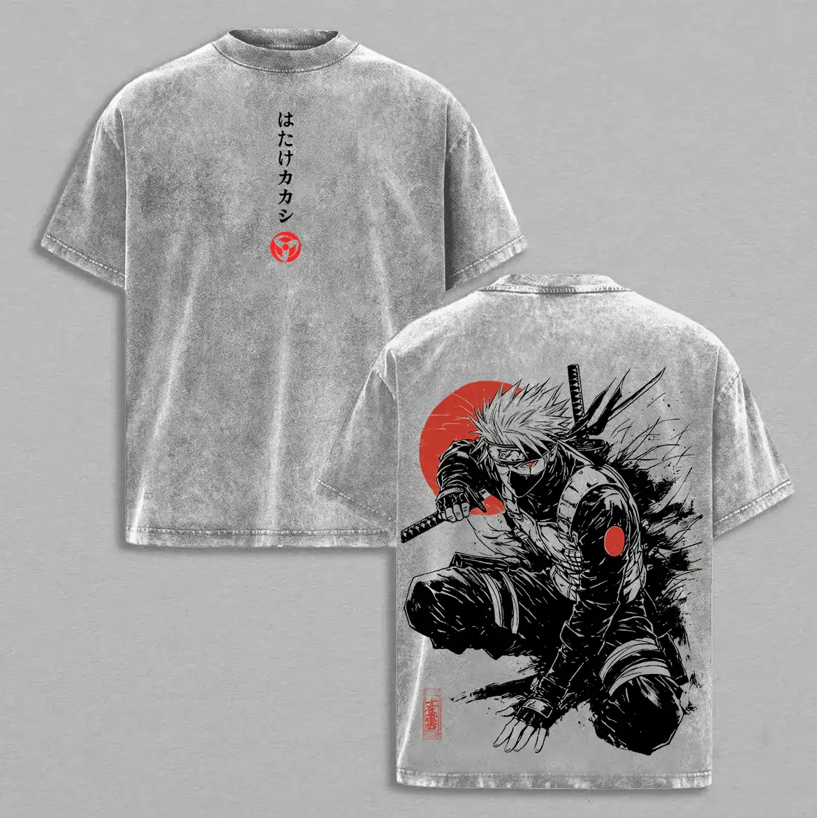 Kakashi Hatake T-Shirt S-4XL 5XL, Naruto Anime Vintage Washed Tee, Sharingan Ninja Graphic Shirt Retro Double-Sided Water Wash T-Shirt, Oversized Japanese Streetwear, Dark Aesthetic Manga Top, Unisex Casual Anime Fashion Perfect Summer Gift