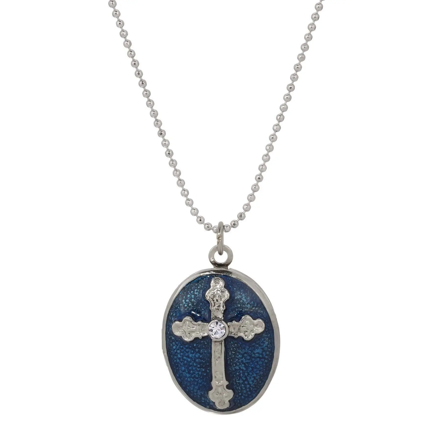 1928 Jewelry Women's Classic Cross Photo Locket Necklace - 18in Budded Classic Cross Pendant, Hand-Enameled Oval Vintage Costume Jewelry, Floral Back, European Crystal, Lobster Clasp, Vintage-Inspired Elegance Daily Accessory