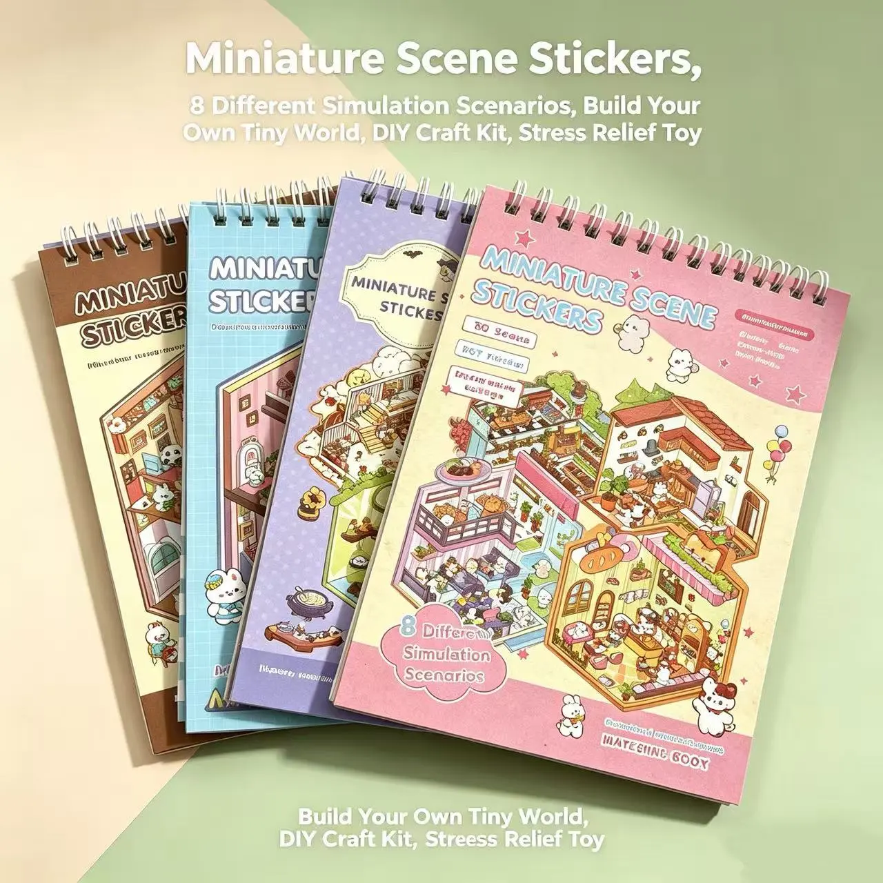 Miniature Scene Sticker Labels - Cute Mini 3D 4-Book Set, 4 Themes, 32 Simulated Scenes, DIY Tiny World Building Kit for Family Fun, ASMR Lovers, Boosting Focus, Adult Supervision Recommended, Journal & Craft Use