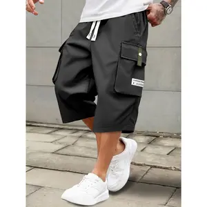 HIDKAT Men's Black Summer Casual Cargo Shorts - Elastic Drawstring Mid Waist, Multiple Pockets, Letter Patch, Digital Print, Retro Chic, Regular Fit, Non-Stretch Nontransparent Fabric, for Daily Wear & Leisure