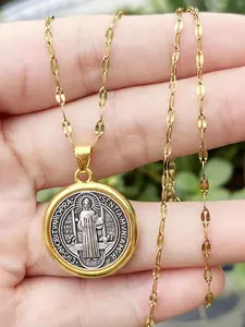 Vintage Saint Benedict Round Pendant Stainless Steel Faith Necklace for Men Women, Unisex, Fashion Casual Versatile Prayer Jewelry, Exquisite Jewelry Gift