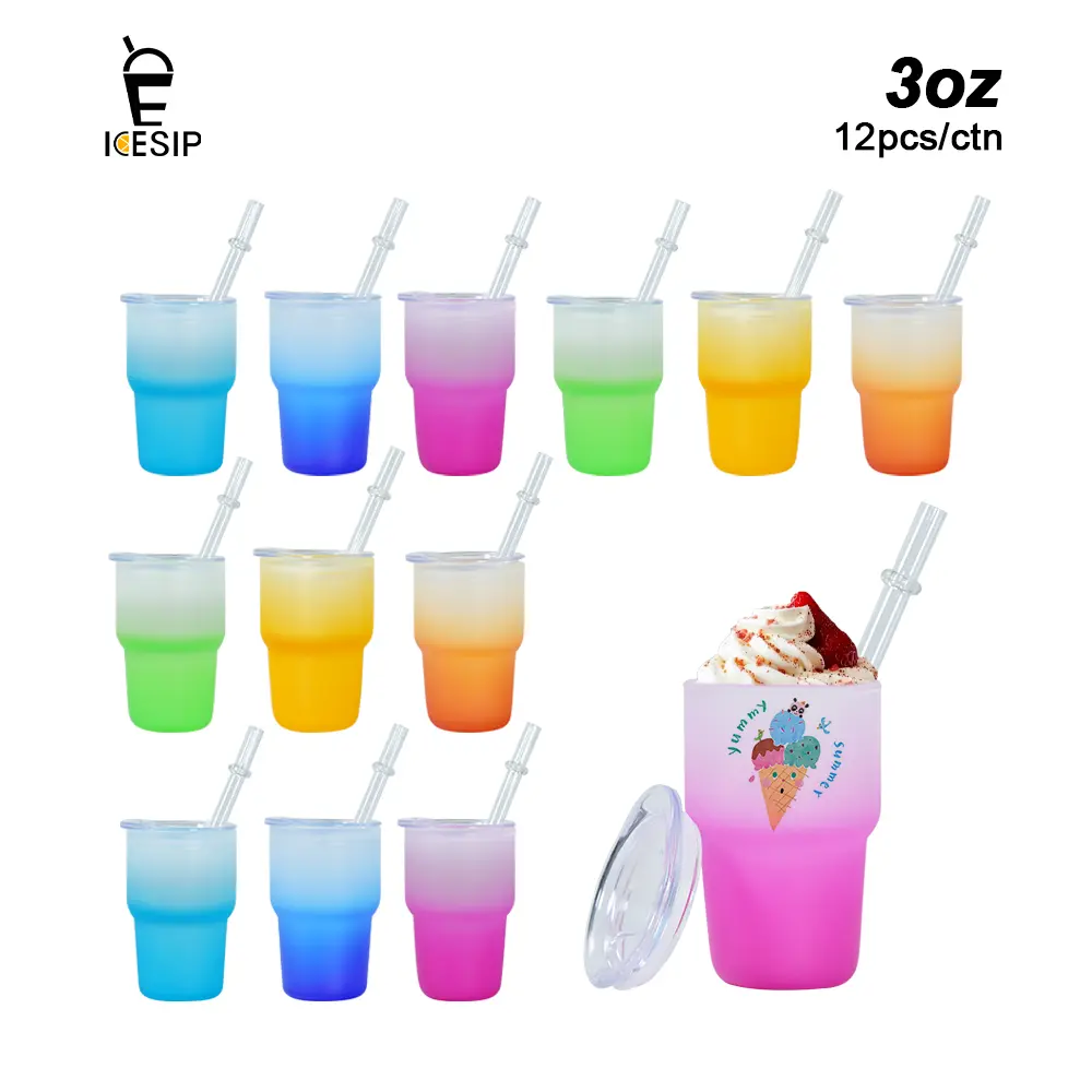 Icesip 12pcs 3oz Portable 6-Color Gradient Frosted Glass Mini Shot Cups - Reusable Sublimation Blank Base Tumblers with Straws & Lids, Coffee Glasses, Pre-Packed Watch/Campfire BBQ Party Supplies, Birthday Gifts