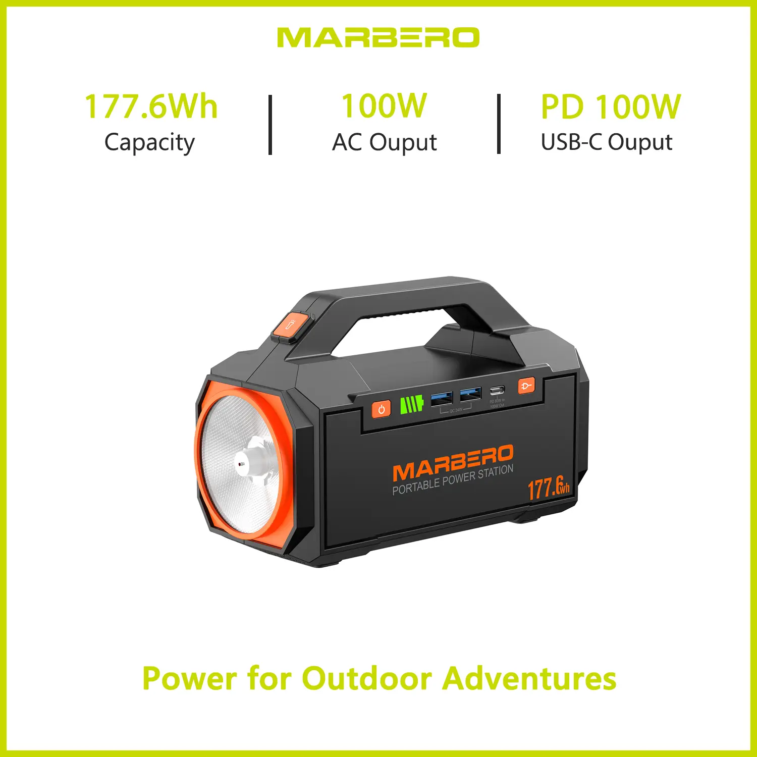 MARBERO 177.6Wh Chargeable Portable Power Station, 100W AC Outlet (150W Surge), 4 Output Ports, 100W PD Fast Charging USB-C, Built-in High-lumens Flashlight for Hiking, Power Outage Needs