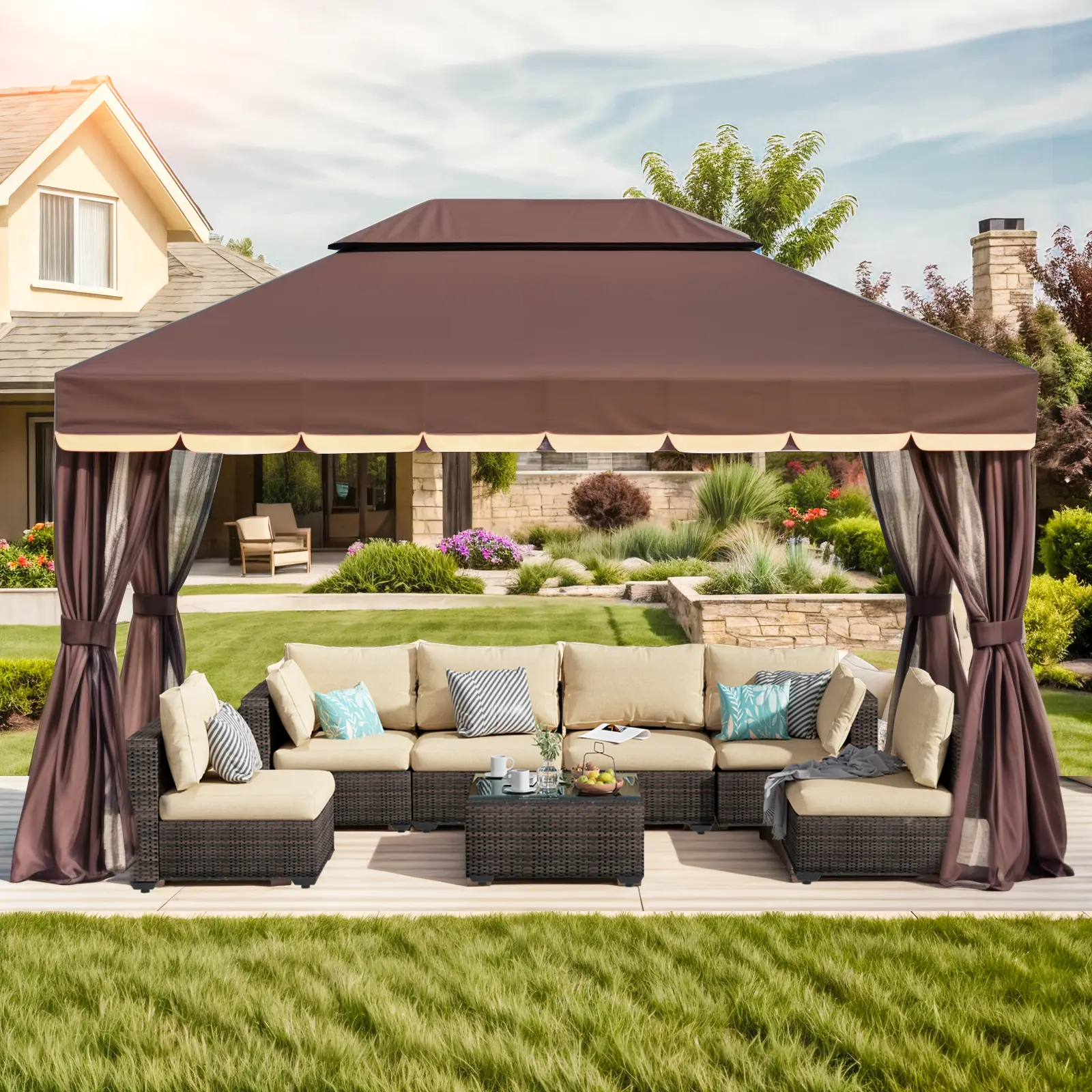 Grezone 10x13 Outdoor Patio Gazebo - Heavy-Duty Round Leg Shelter with Mosquito Netting, Curtains, Double-Tier Ventilated UV-Resistant Canopy, Outdoor Patio Sunshade for Garden, Backyard,outdoorfurnitureset summerwins,home decor,camping essentials