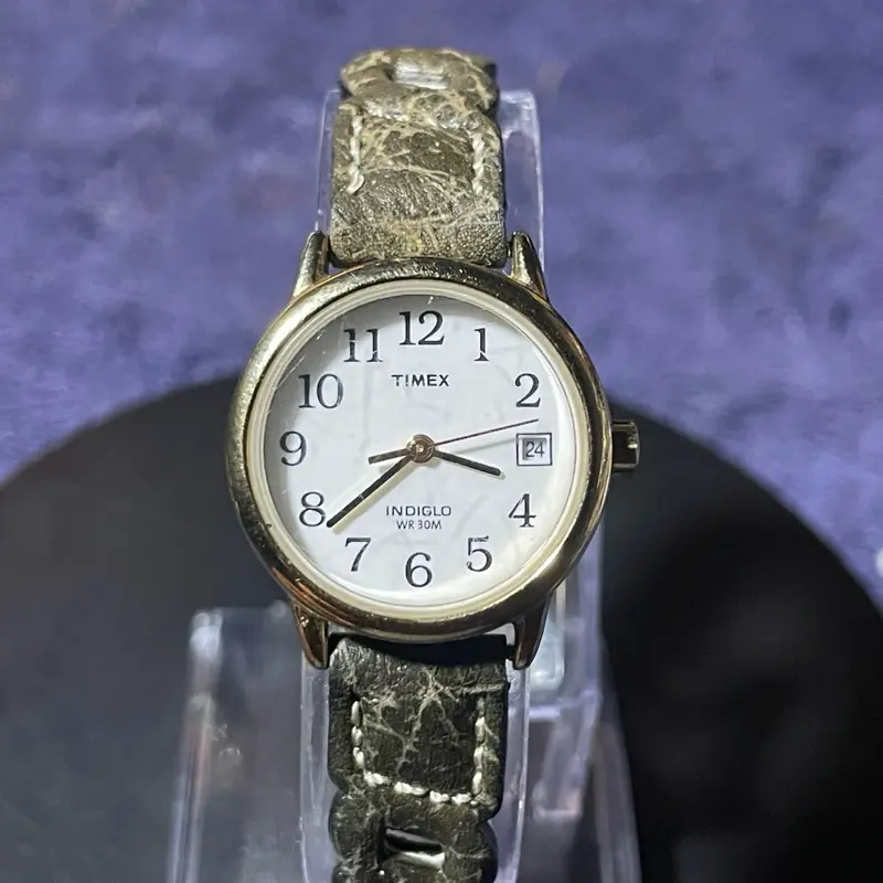 Women's Timex Indiglo Gold Tone Watch White Date Dial Green Leather Band