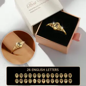 Gift box, gold-plated couple rings engraved with 26 letters, elegant and suitable for dating, everyday wear, birthdays, and other occasions.