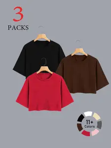 Women Oversized Drop Shoulder Short Sleeve Crop T-Shirt (3 Packs), Casual Versatile Style with Tie-Dye Options, Soft Breathable Fabric, Perfect for Daily Outings, Lounging & Streetwear Looks, Crop Top