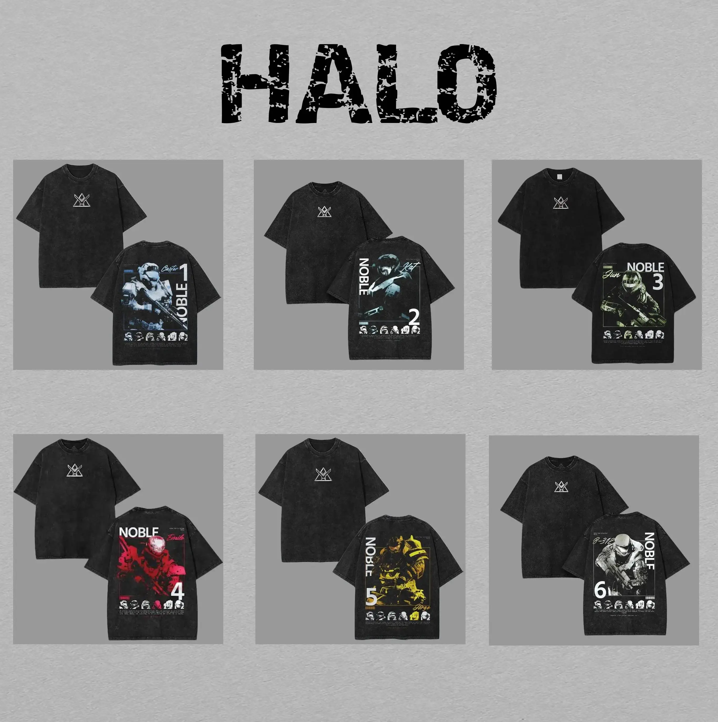[Collection] 6 Design Noble Team Halo Reach, Remember Reach Unisex Washed Cotton T-Shirt, RPG graphic tees Top anime manga game merch Casual Streetwear men gifts shirts men