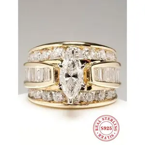 Elegant Glittering Layered S925 Sterling Silver Ring, Fashion Promise Ring for Women & Girls, Elegant Fashion Rings, Trendy All-Match & Exquisite Jewelry for Birthday Gift, S925 Wedding Ring for Women, Fashion Engagement Rings