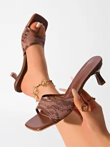 A pair of new summer lace sandals for women, square-toed stiletto mules, vintage style slip-ons