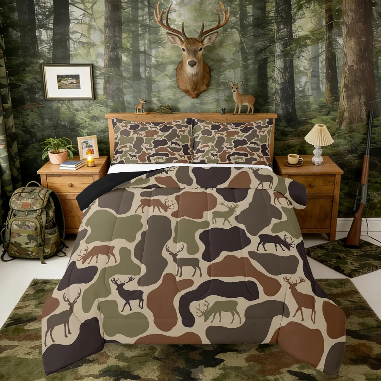 Feelyou Camouflage Look Wildlife Theme Bedding Set - Green Military Camo Down Comforter, Multi-Size, Machine Washable, for Teen Hunters, Bedroom Decor, Set Includes Core Bedding Pieces