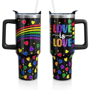 40 Oz Stainless Steel Insulated Tumbler Mug - Water Bottle with Handle, Straw, Lid, Aesthetic Rainbow Heart LGBT Pride Drink Flask, Women's Indoor Birthday Gift (1PC)