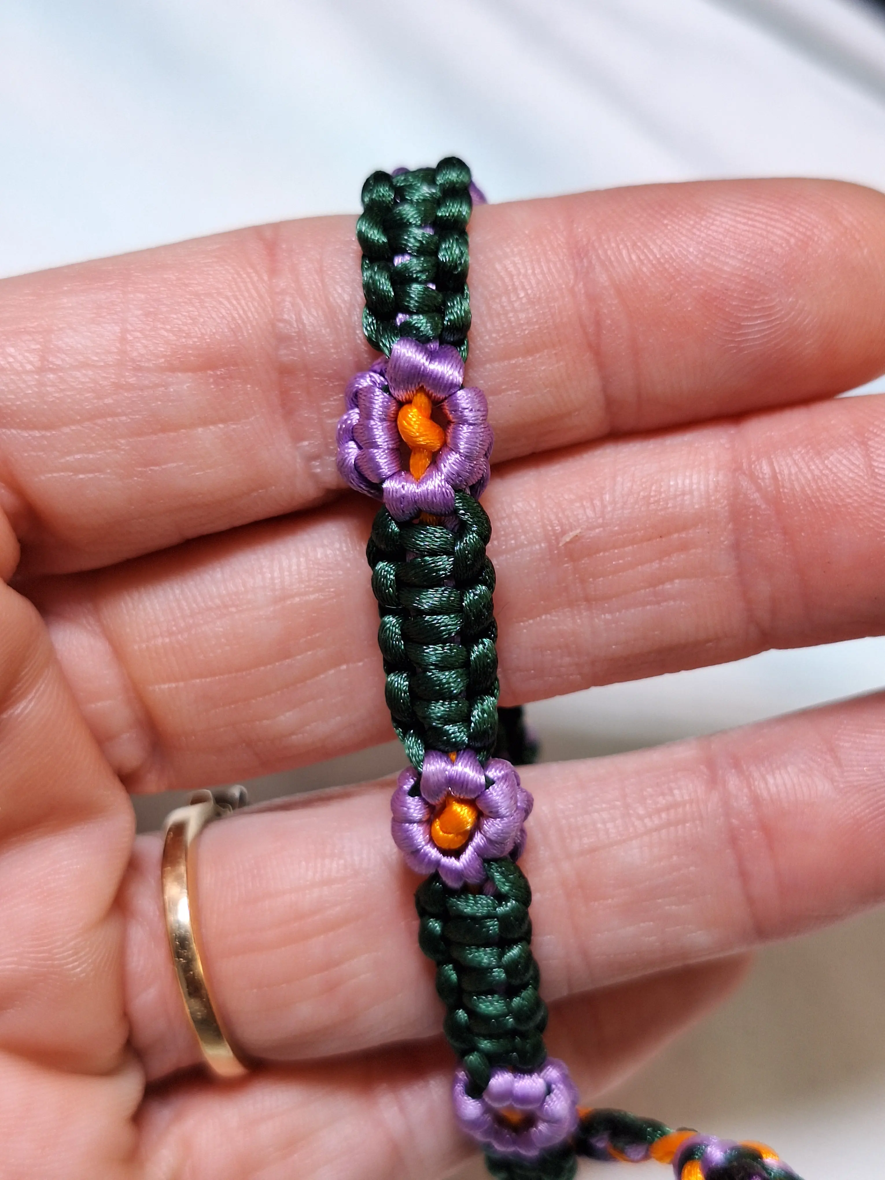 Handcrafted Silk Flower Bracelet - Purple Flowers Green Cord