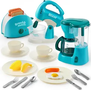 Happy Family 2025 Pretend Kitchen Toys Set for Kids - Coffee Maker, Mixer, Toaster with Realistic Lights & Sounds - Includes 2 Knives, 2 Spoons, 2 Forks, 4 Foods, 2 Cups, 2 Teacups, 2 Plates, 2 Saucers, 2 Toast - Blue, Pink - Item 15704,16134