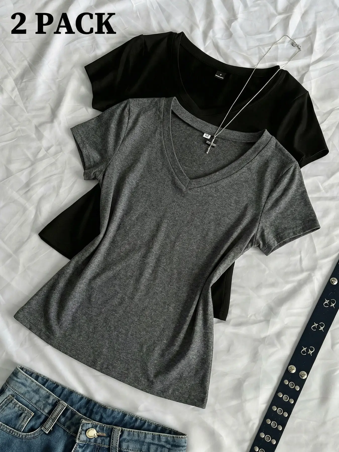 2026 Viral 2 Pack V Neck T-Shirts for Women, Womenswear, Slim Fit Comfy Basic Casual Short Sleeve Tees, Solid Color Simple Versatile Tops for Daily, Everyday Streetwear, Lightweight Breathable Basic Tee for Women Summer Casual Outfits